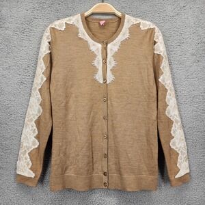Basler Camel Tan Virgin Wool Silk Lace Trim Button Front Cardigan Sweater Womens